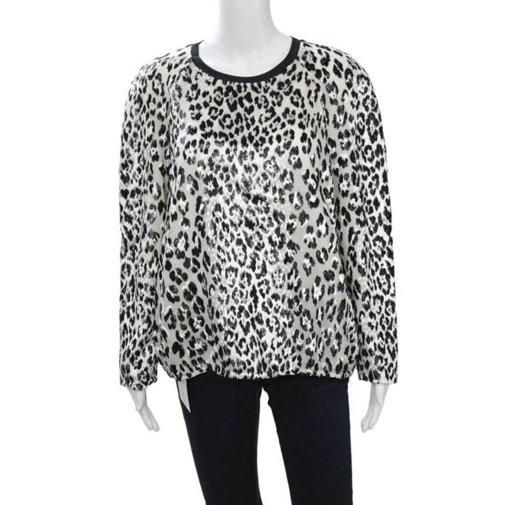 Designer Women Black Animal Print Long Sleeve Blouse Silk Blend Size M